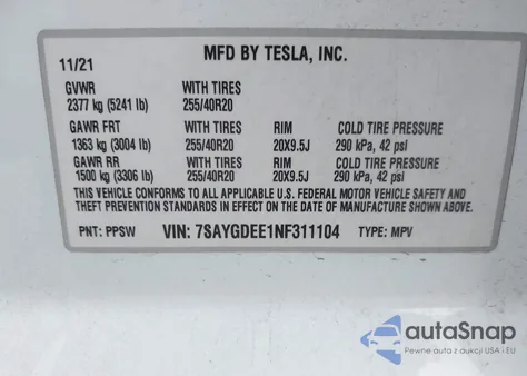 2022 Tesla Model Y Long Range Dual Motor All-Wheel Drive z USA, uszkodzony, nr VIN 7SAYGDEE1NF311104
